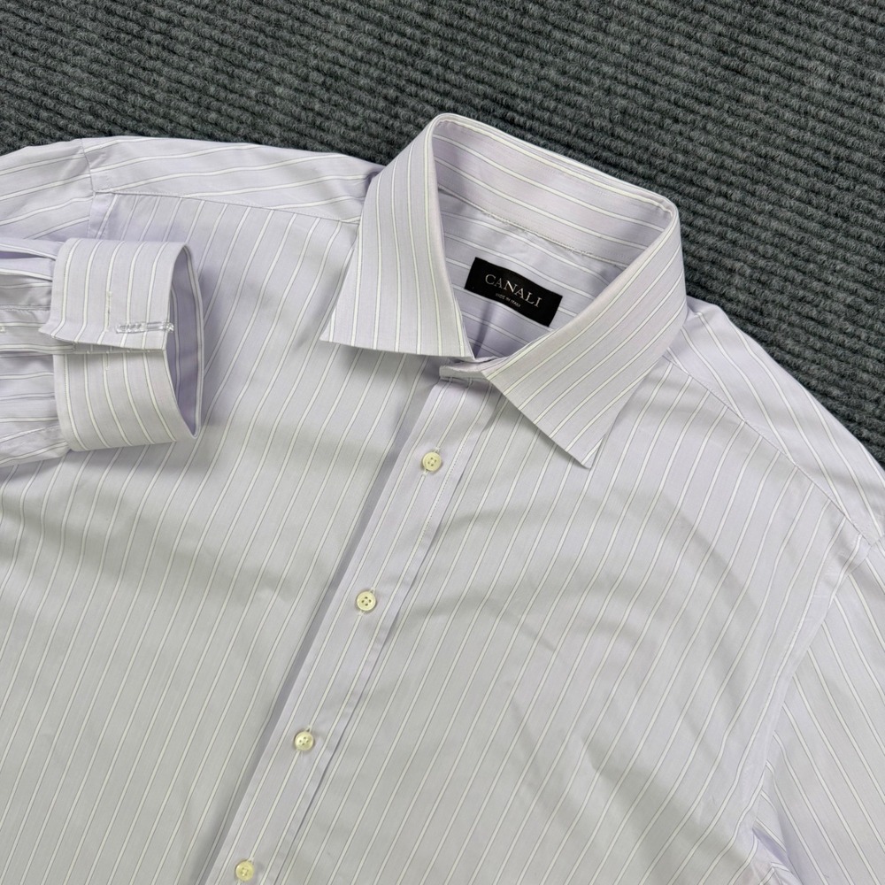 Canali Striped Dress Shirt Light Purple White Mens 41 16 Casual Work Italy Made